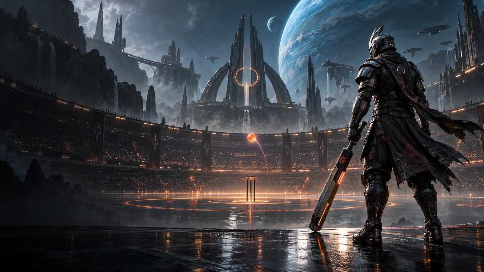 Illustrative concept of a warrior in an alien arena